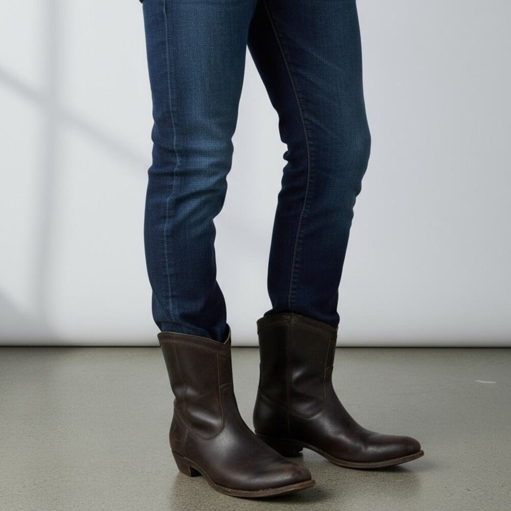 FRYE Leather Mid Calf Boots Women's Sz 10 Brown Biker Western Minimalist Edgy